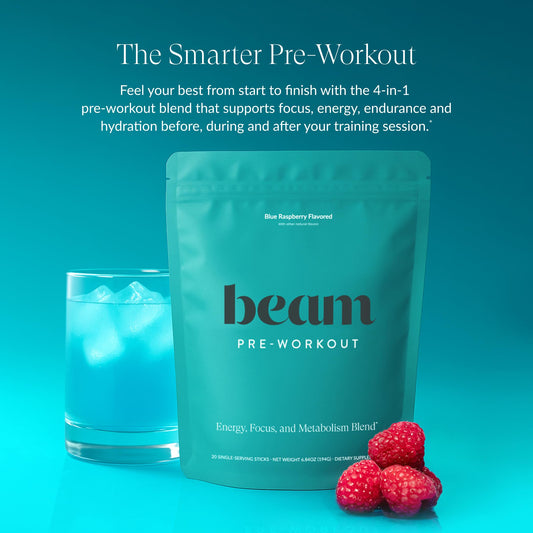 Beam Pre Workout blue raspberry powder poured into a shaker for hydration.
