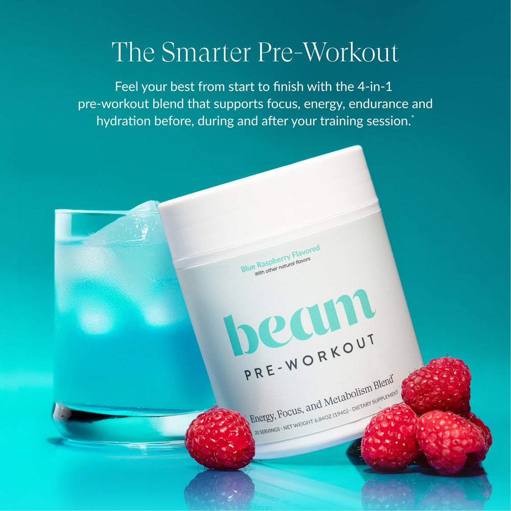 Beam Pre Workout scoop in tub highlights convenient serving for steady energy