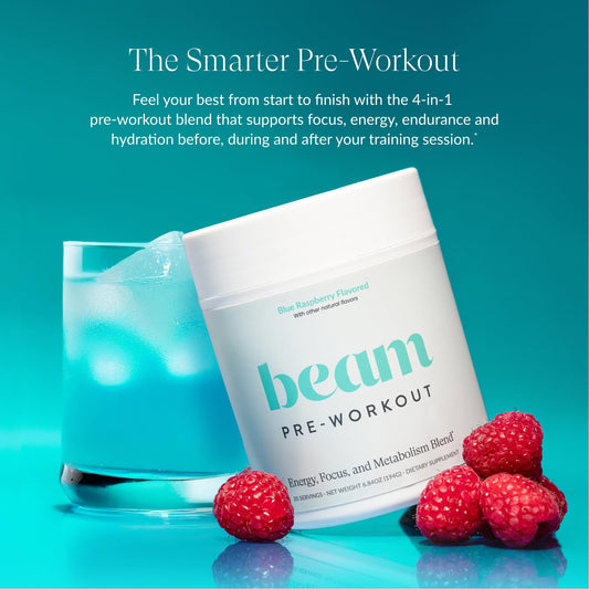 Beam Pre Workout scoop in tub highlights convenient serving for steady energy