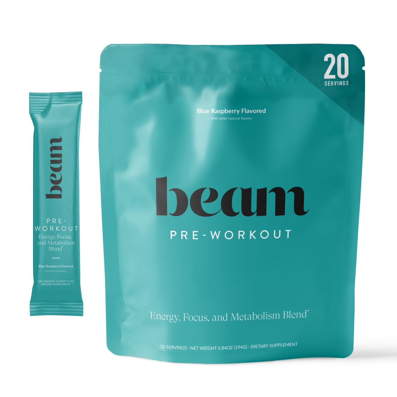Beam Pre Workout powder scoop with blue raspberry flavor for clean energy.