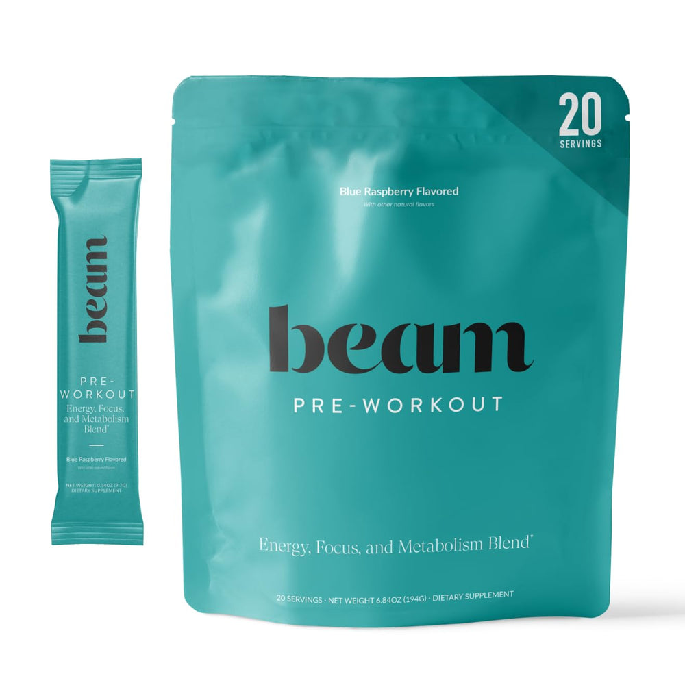 Beam Pre Workout powder scoop with blue raspberry flavor for clean energy.