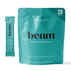 Beam Pre Workout powder scoop with blue raspberry flavor for clean energy.