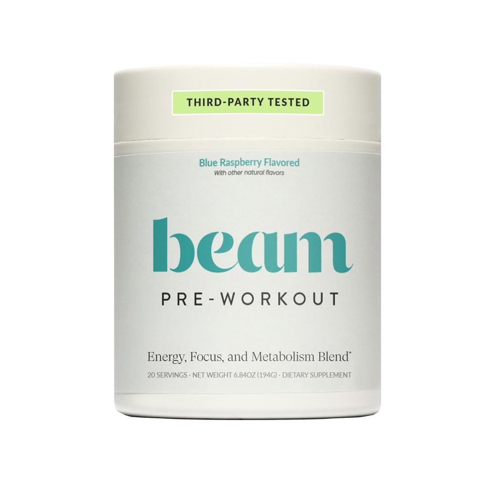 Beam Pre Workout blue raspberry tub showcases the product packaging for energizing workouts