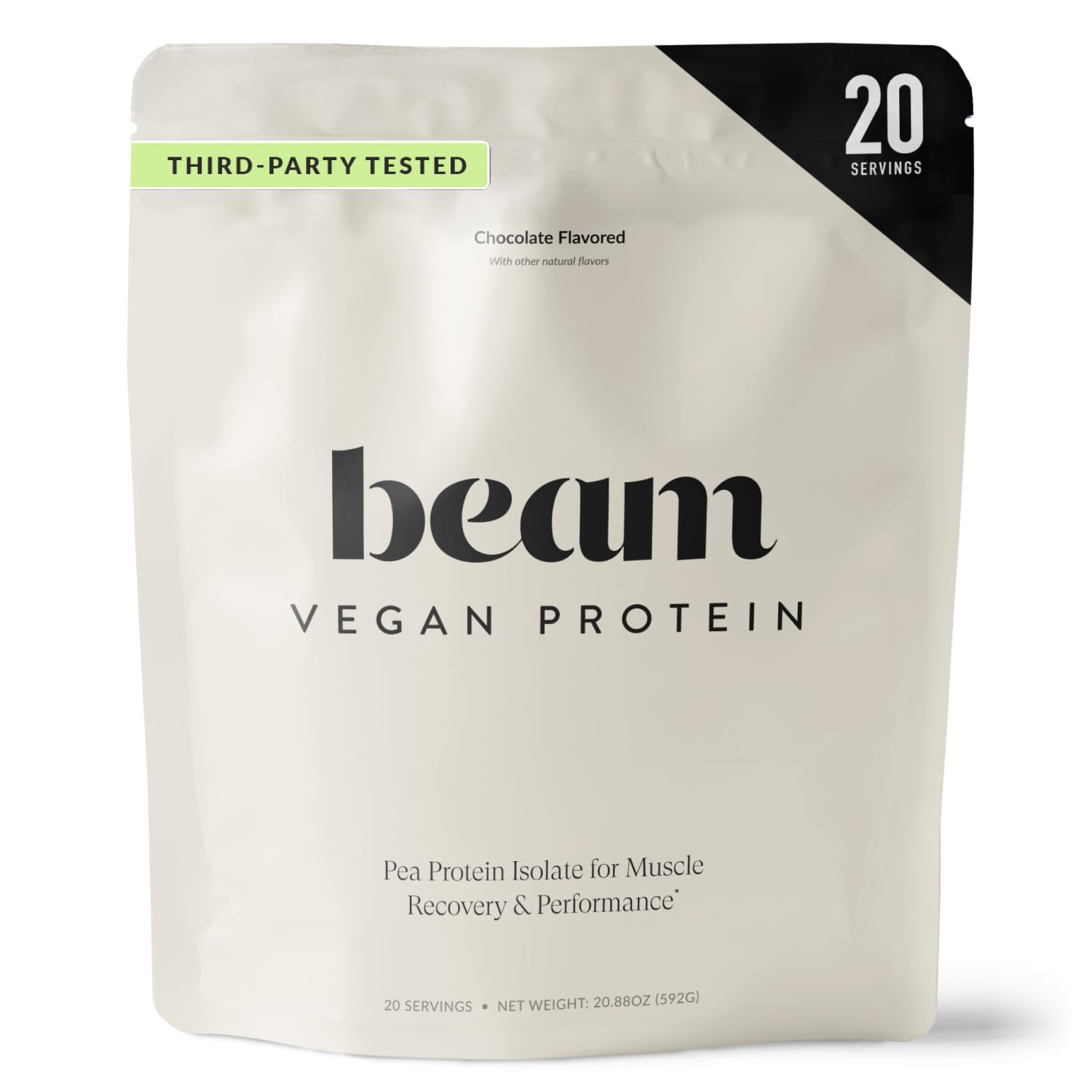 Beam Vegan Protein Powder jar showing 20g protein per serving for workouts.