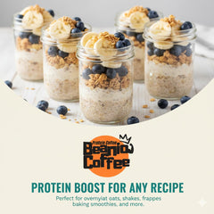 Beanio Caramel Protein Iced Coffee milk froth atop shows creamy texture without sugar.