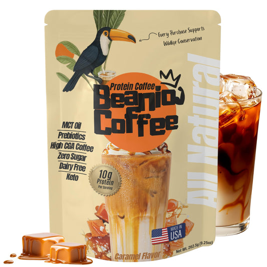 Beanio Caramel Protein Iced Coffee pour shows a convenient energy boost for busy mornings.