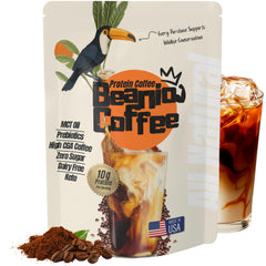 Beanio Protein Iced Coffee bottle with CGA-rich blend for energizing mornings.