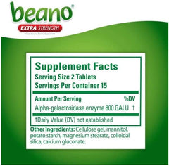Beano dosage shot demonstrating two tablets per meal for relief.