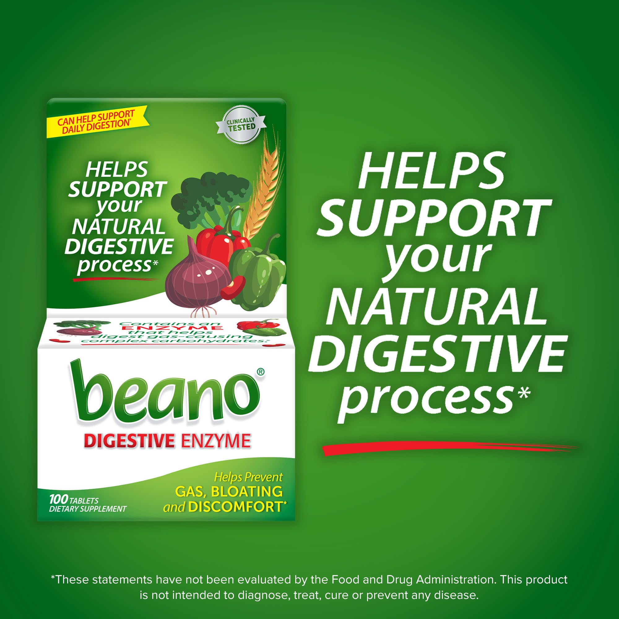 Beano Extra Strength tablets shown for use with meals to prevent gas.