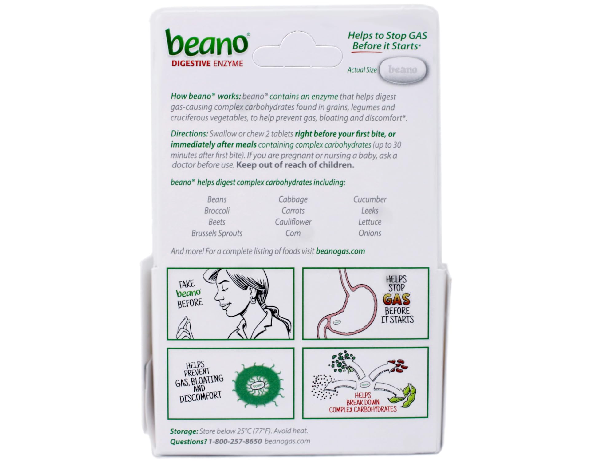 Beano label view highlighting dosage information for safe daily use.