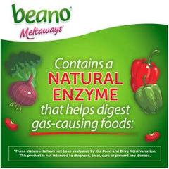 Beano Meltaways Strawberry bottle label highlighting vegetarian enzyme formula.