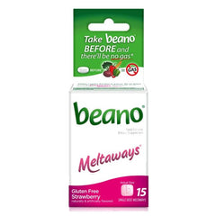 Beano Meltaways Strawberry pack front showing a 6-pack for daily use.