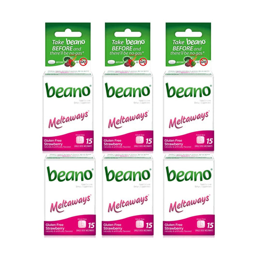 Beano Meltaways Strawberry tablet on the tongue ready to dissolve before a meal.
