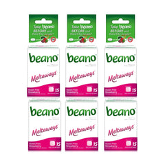 Beano Meltaways Strawberry tablet on the tongue ready to dissolve before a meal.