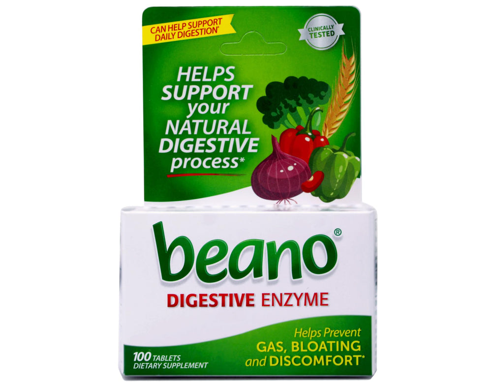 Beano packaging showing enzyme action concept for digestion support.