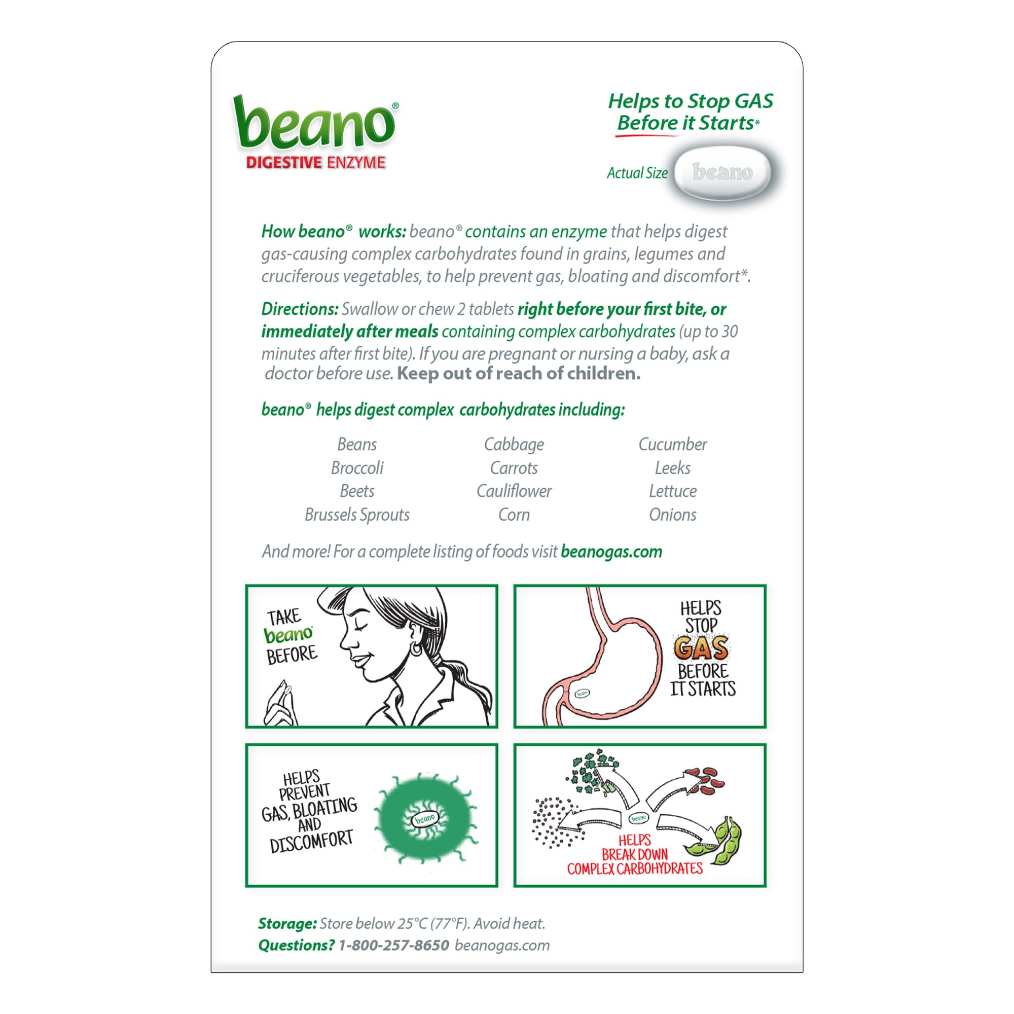 Two Beano tablets beside a meal suggest timing for gas relief.