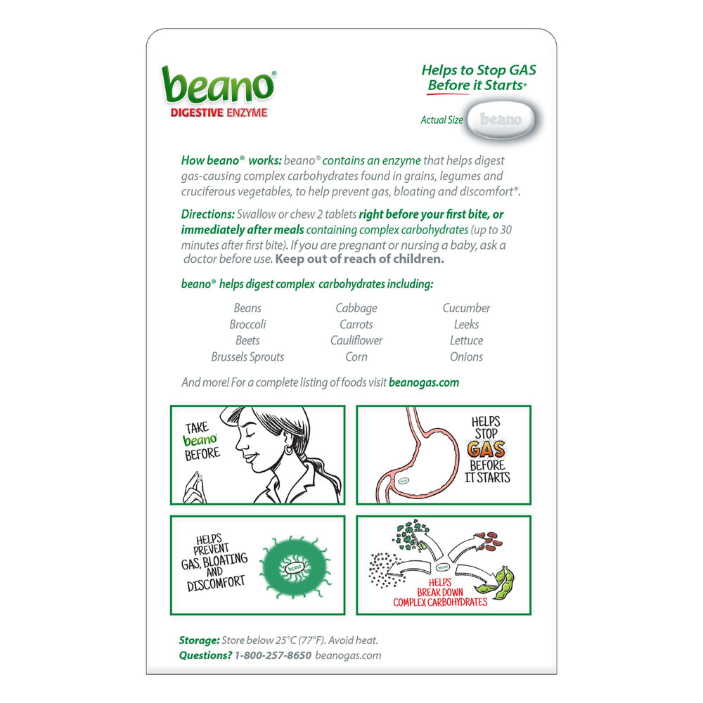 Two Beano tablets beside a meal suggest timing for gas relief.