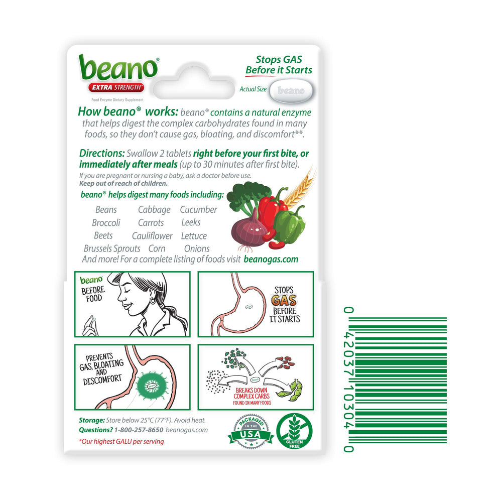 Beano Ultra 800 on kitchen table with healthy foods.