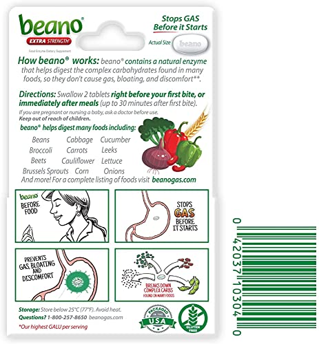 Beano Ultra 800 tablets closeup highlighting digesting action with meals.