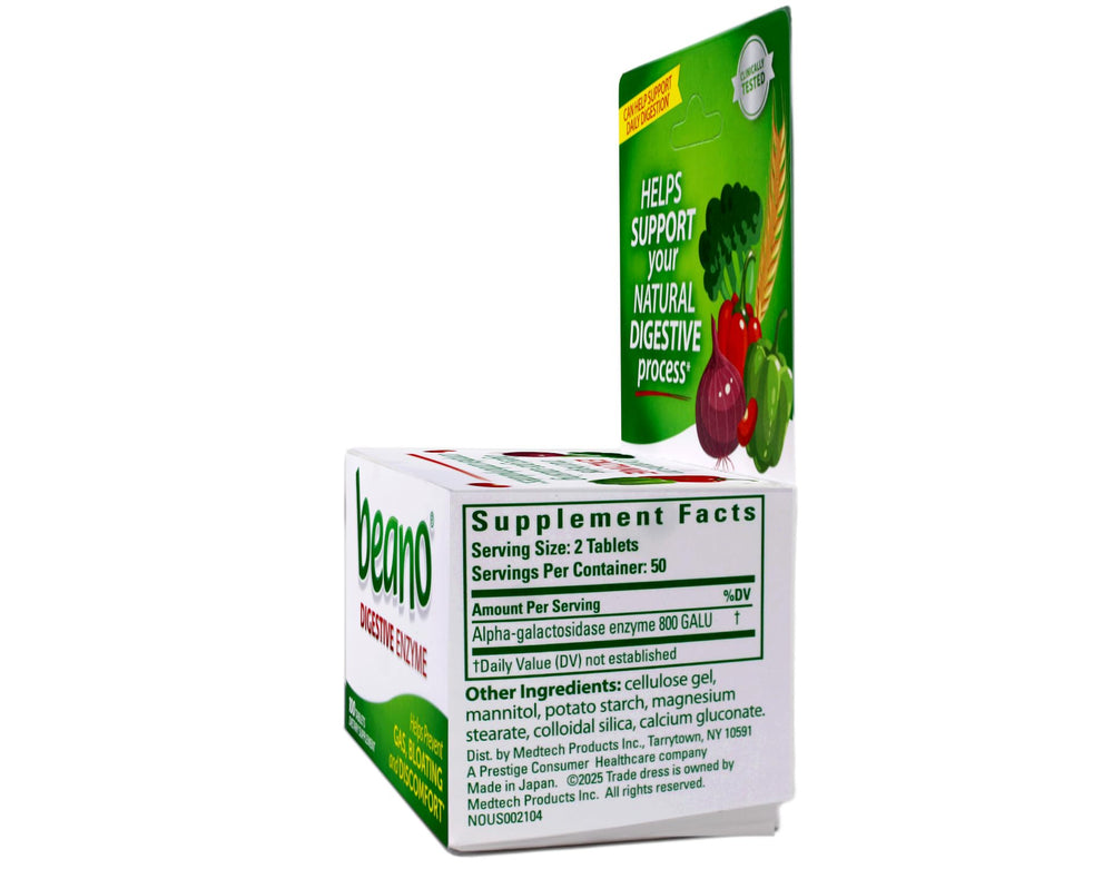 Beano value-pack three bottles on a kitchen counter for convenient meal use.