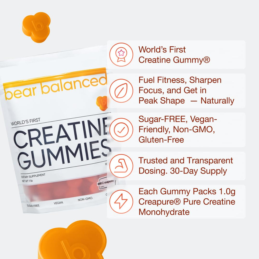 Bear Balanced Creatine Gummies bottle back highlighting Creapure creatine monohydrate.