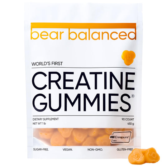 Bear Balanced Creatine Gummies bottle front showing vegan, low-calorie energy support.