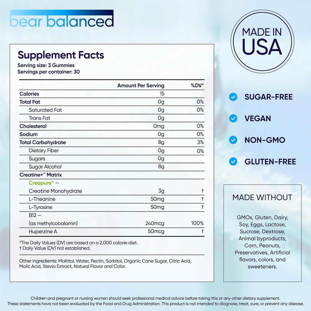 Bear Balanced Creatine Gummies ingredients board with Creapure and L-Theanine