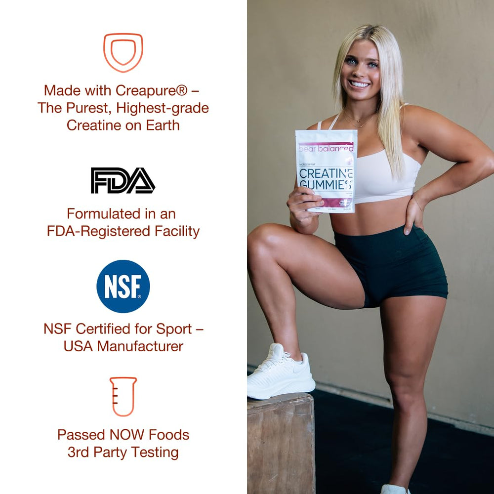 Bear Balanced Creatine Gummies on workout mat with L-Theanine and B12.