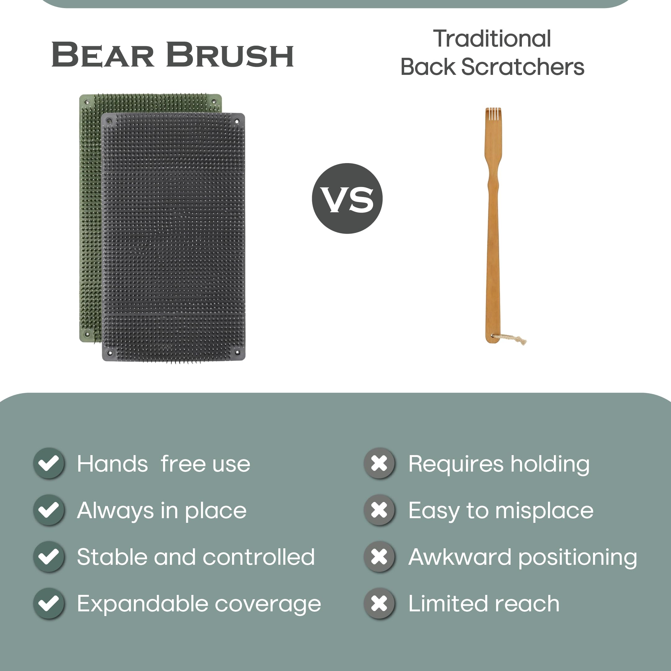 Bear Brush backscratcher side-by-side coverage expands back reach.