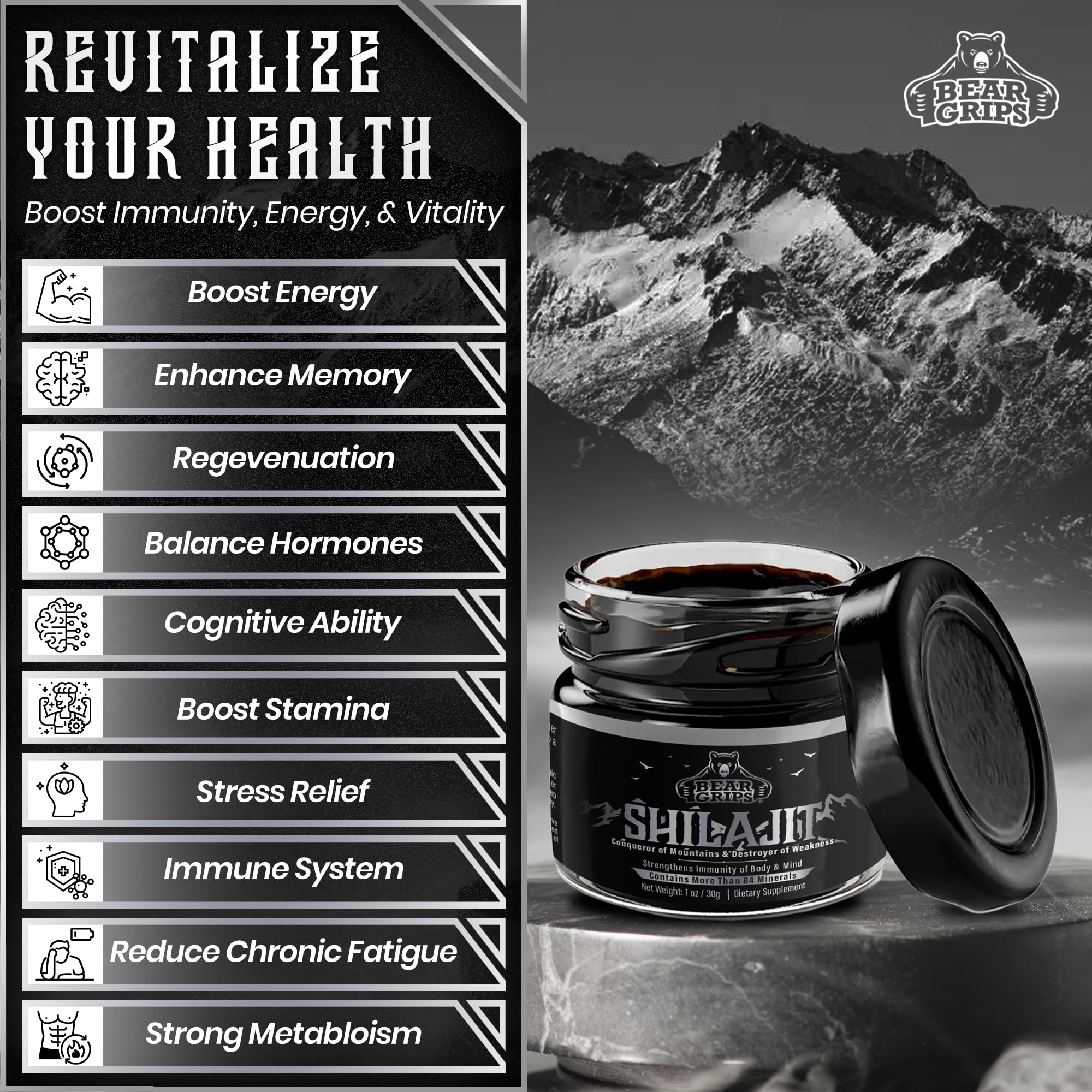 Bear Grips Shilajit fulvic acid detail supports nutrient absorption