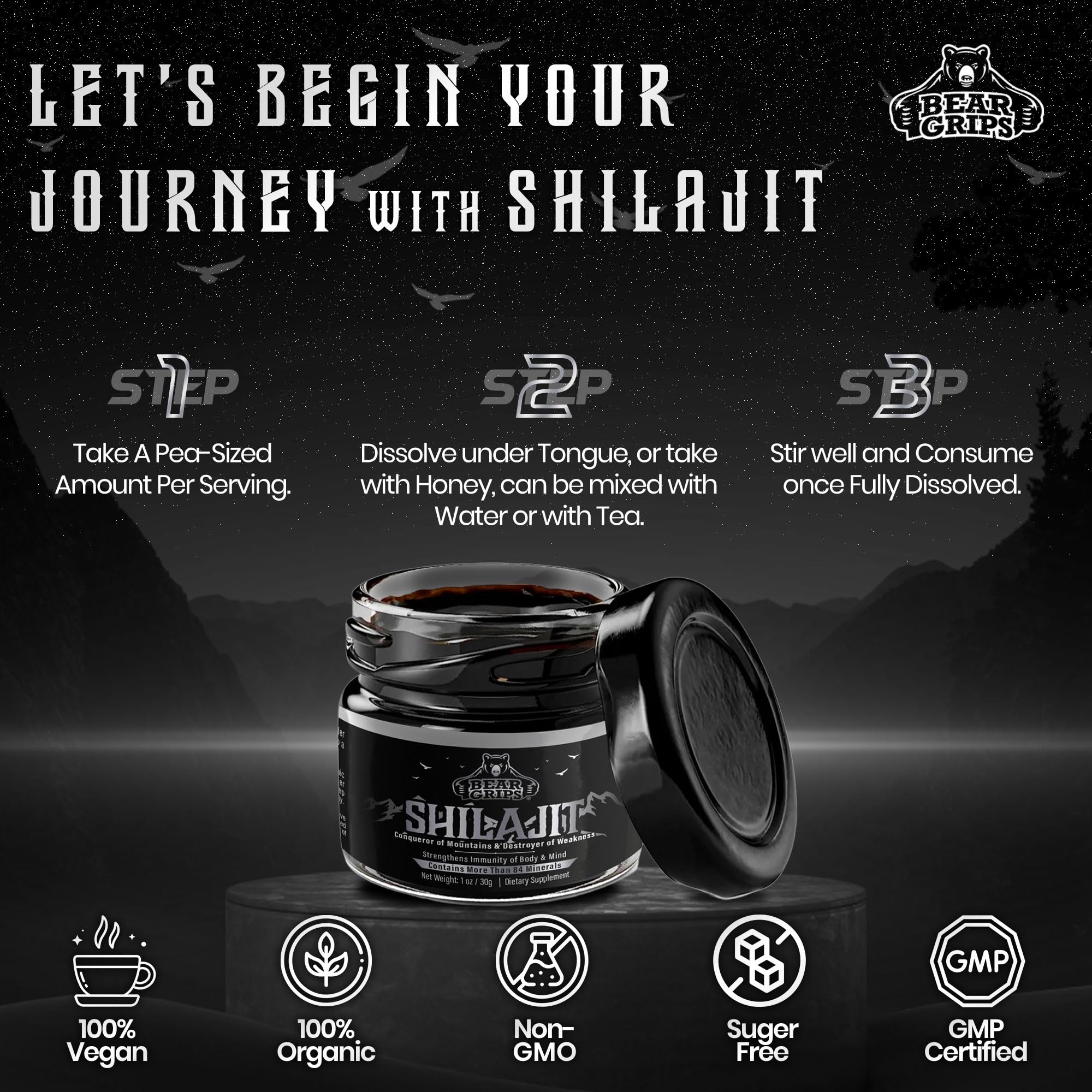 Bear Grips Shilajit bottle with resin scoop for convenient intake