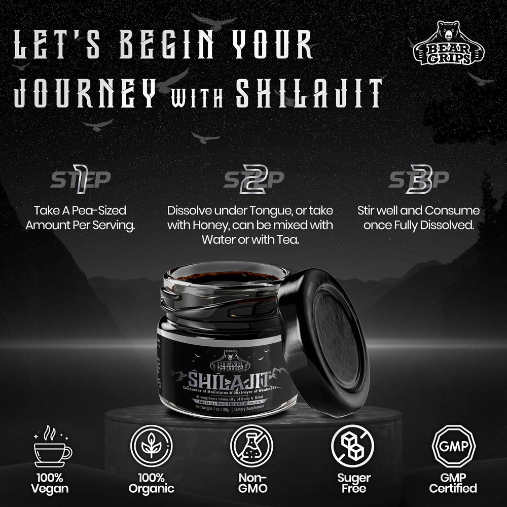 Bear Grips Shilajit bottle with resin scoop for convenient intake