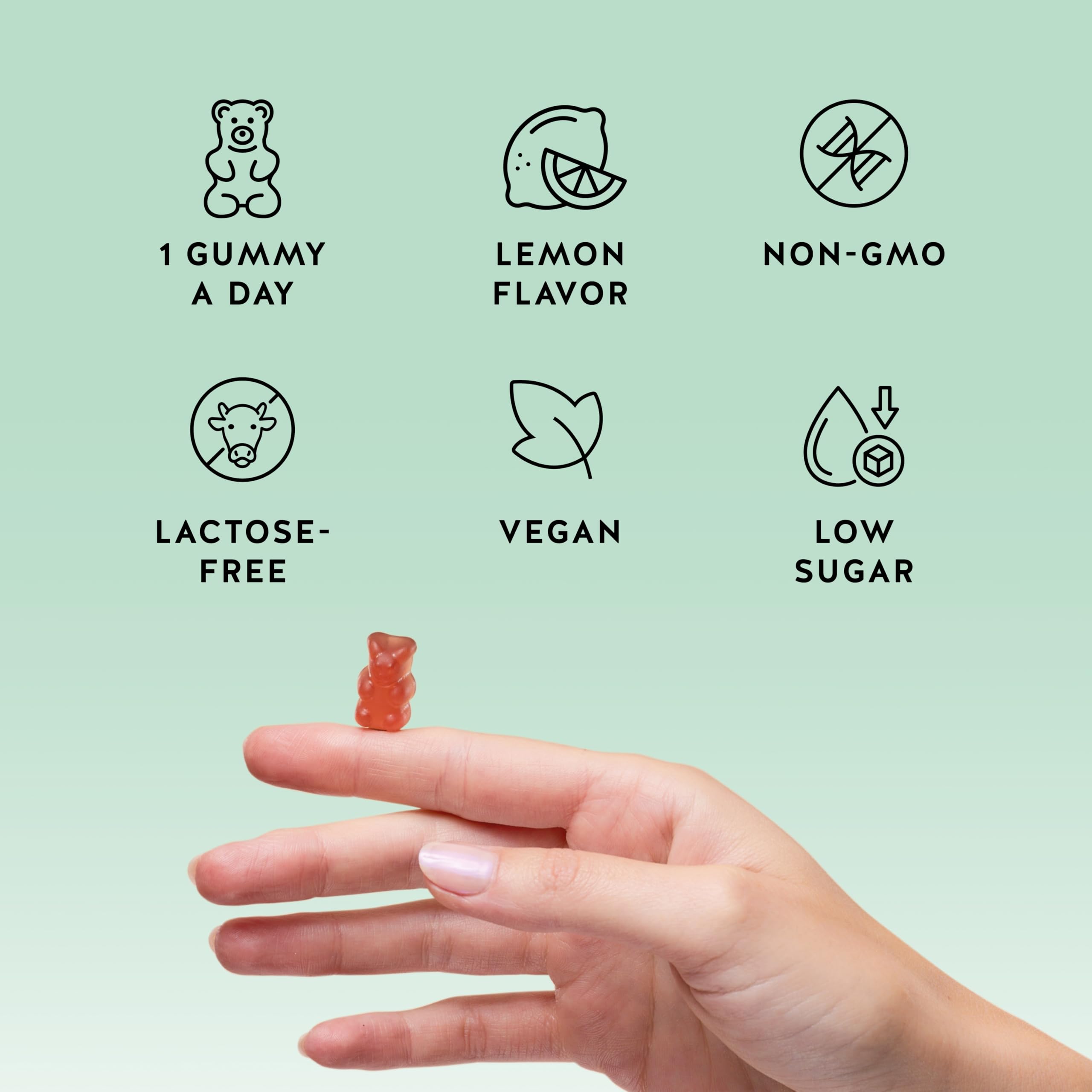 Serving suggestion shows one daily gummy ready for a routine boost.