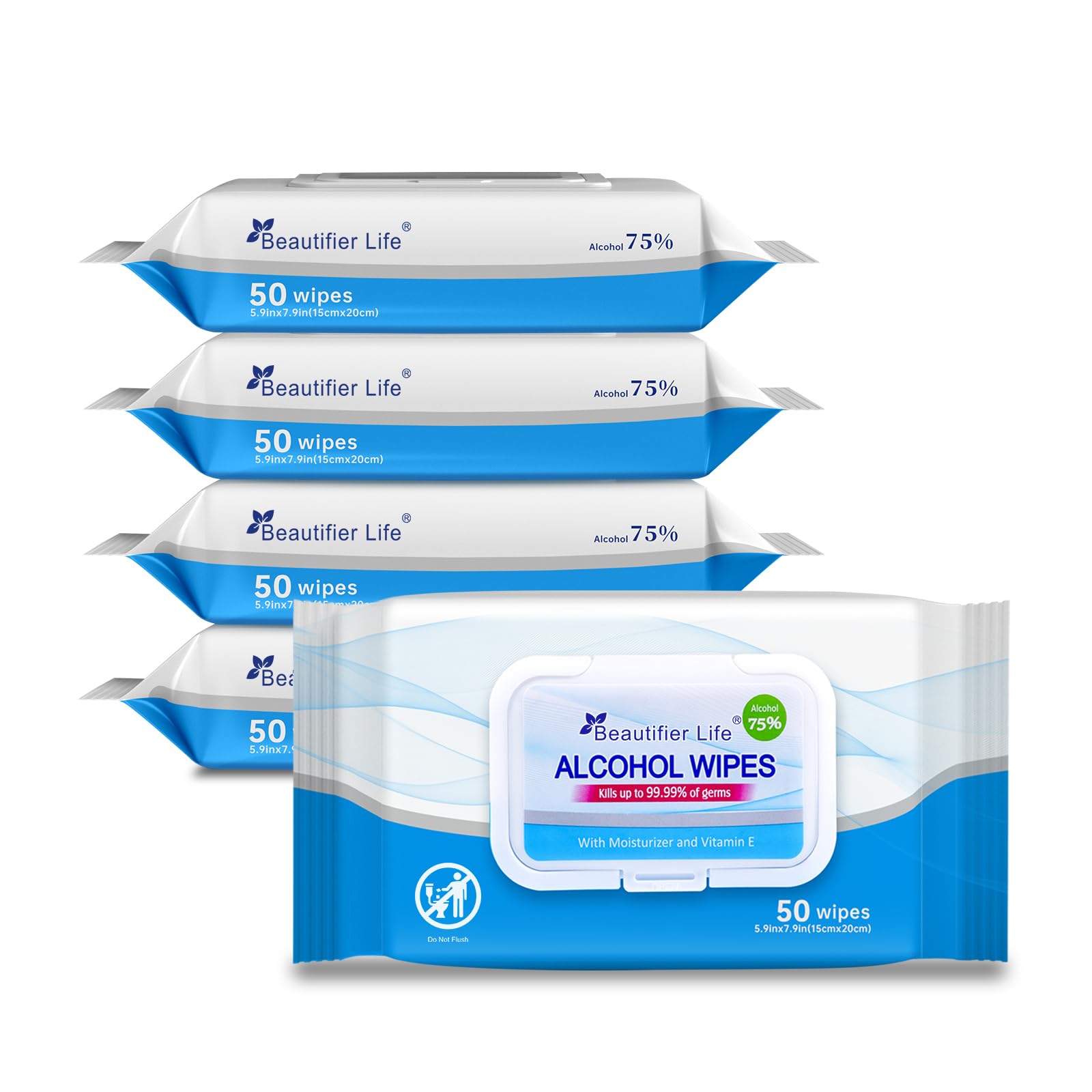 Beautifier Life 75% alcohol wipes pack front for on-the-go cleansing.