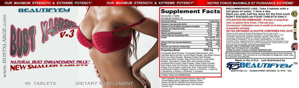 BEAUTIFYEM Bust XL production facility label for quality.