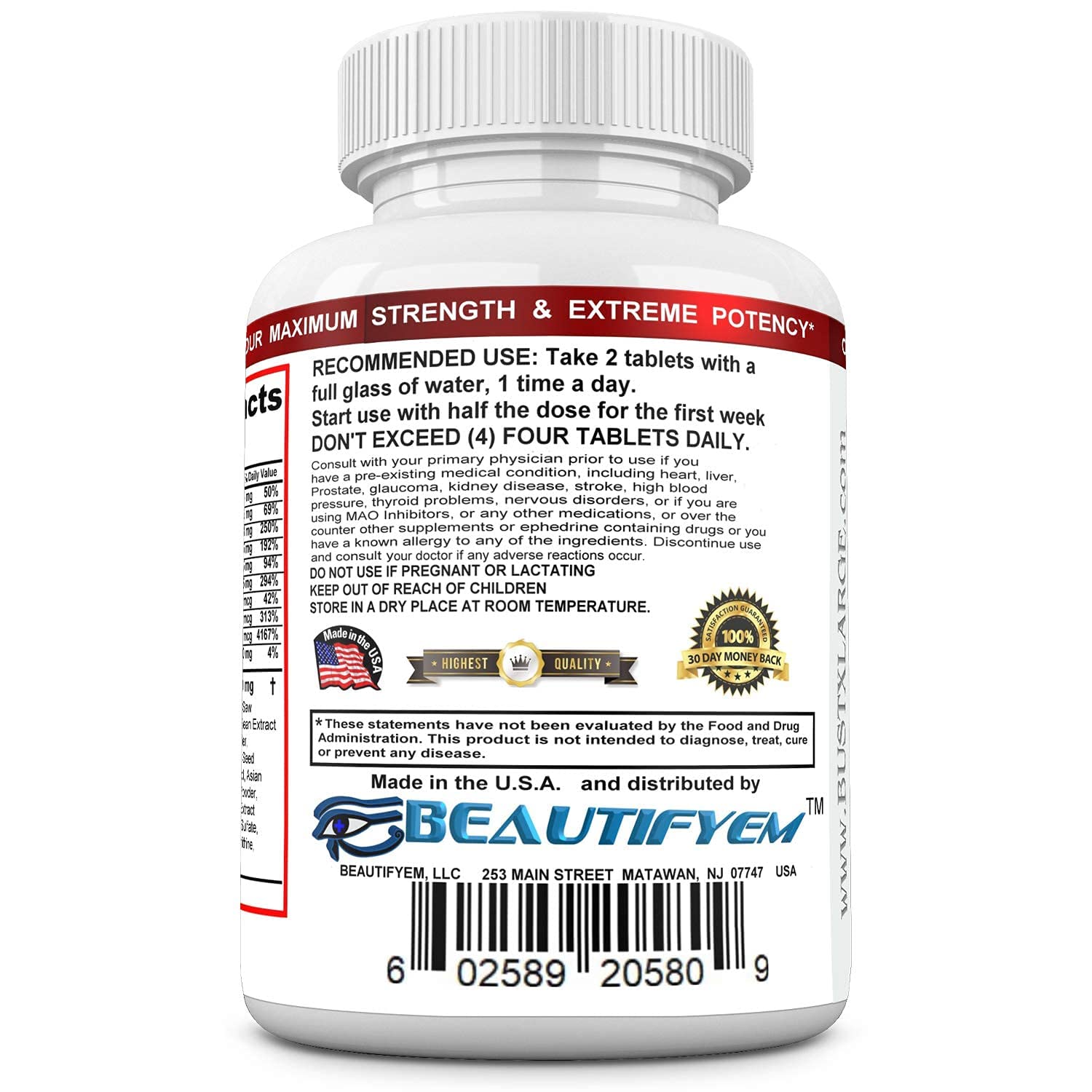 BEAUTIFYEM Bust XL label open showing the natural blend.