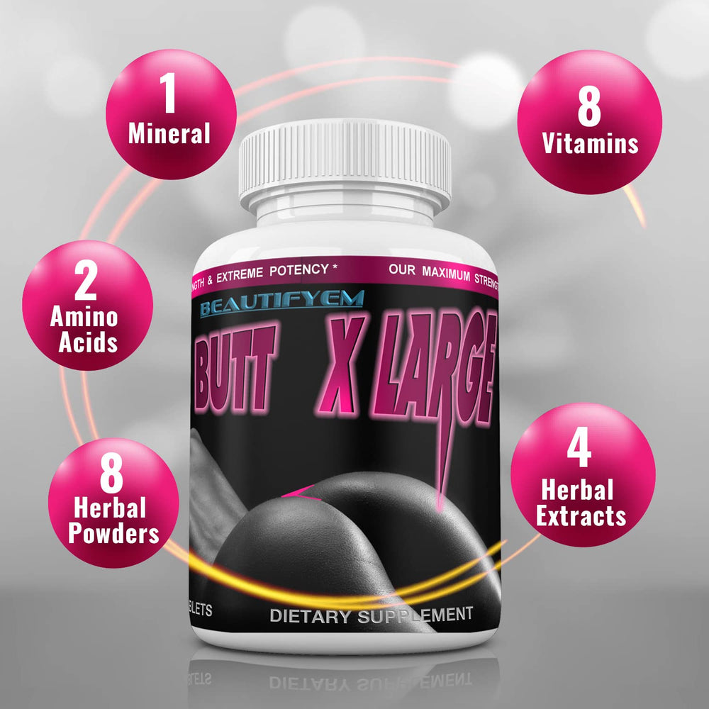 BeautifyEm Butt XL bottle side view highlights a compact daily supplement