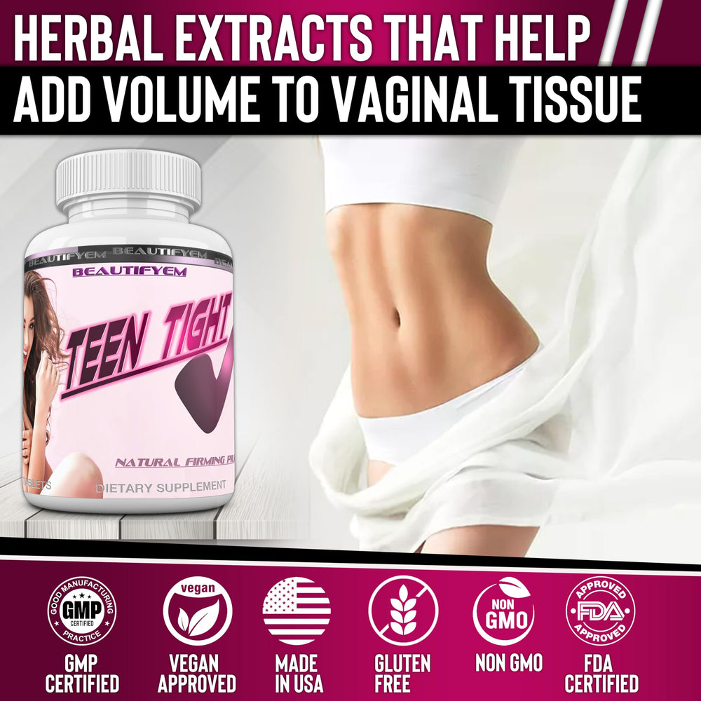 BEAUTIFYEM Teen Tight V tablets closeup highlighting sleek form for easy swallowing