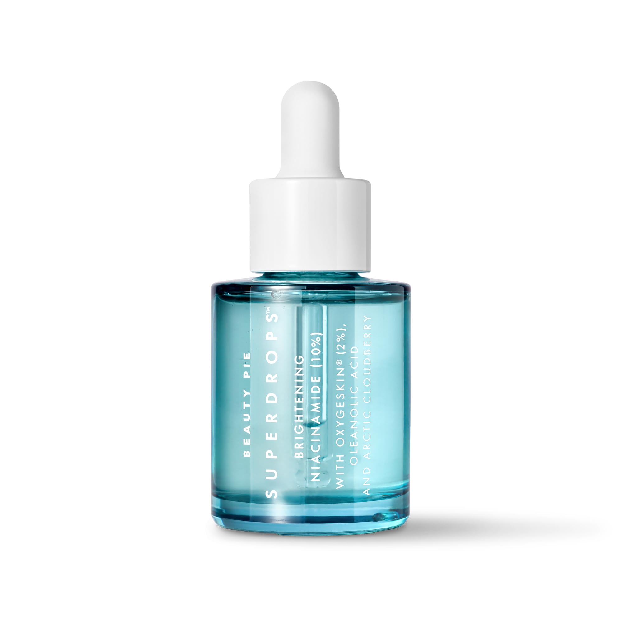 Beauty Pie Superdrops bottle with dropper for a brightening serum, promoting radiant, even-toned skin.