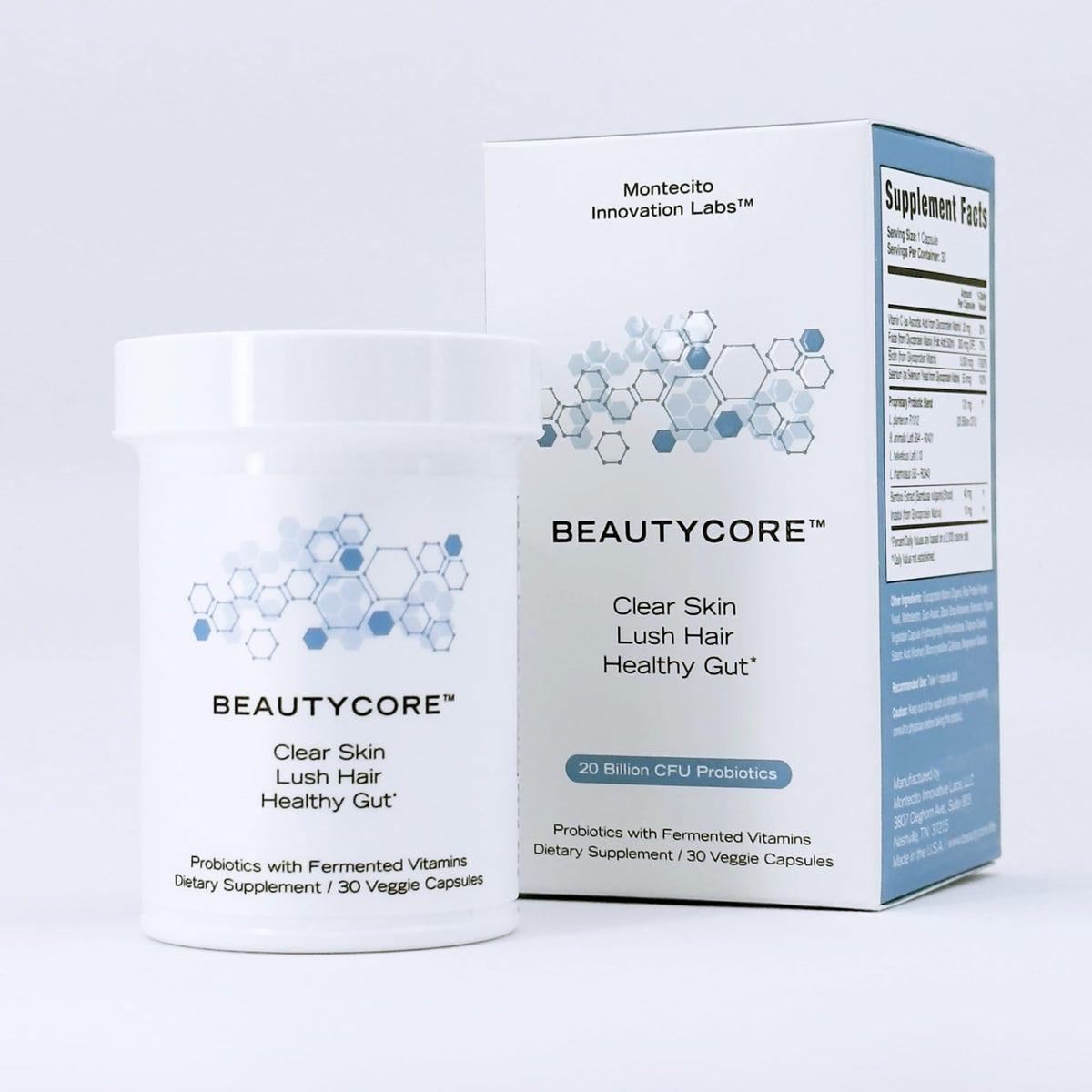Beautycore supplement bottle front — daily skin and gut support.