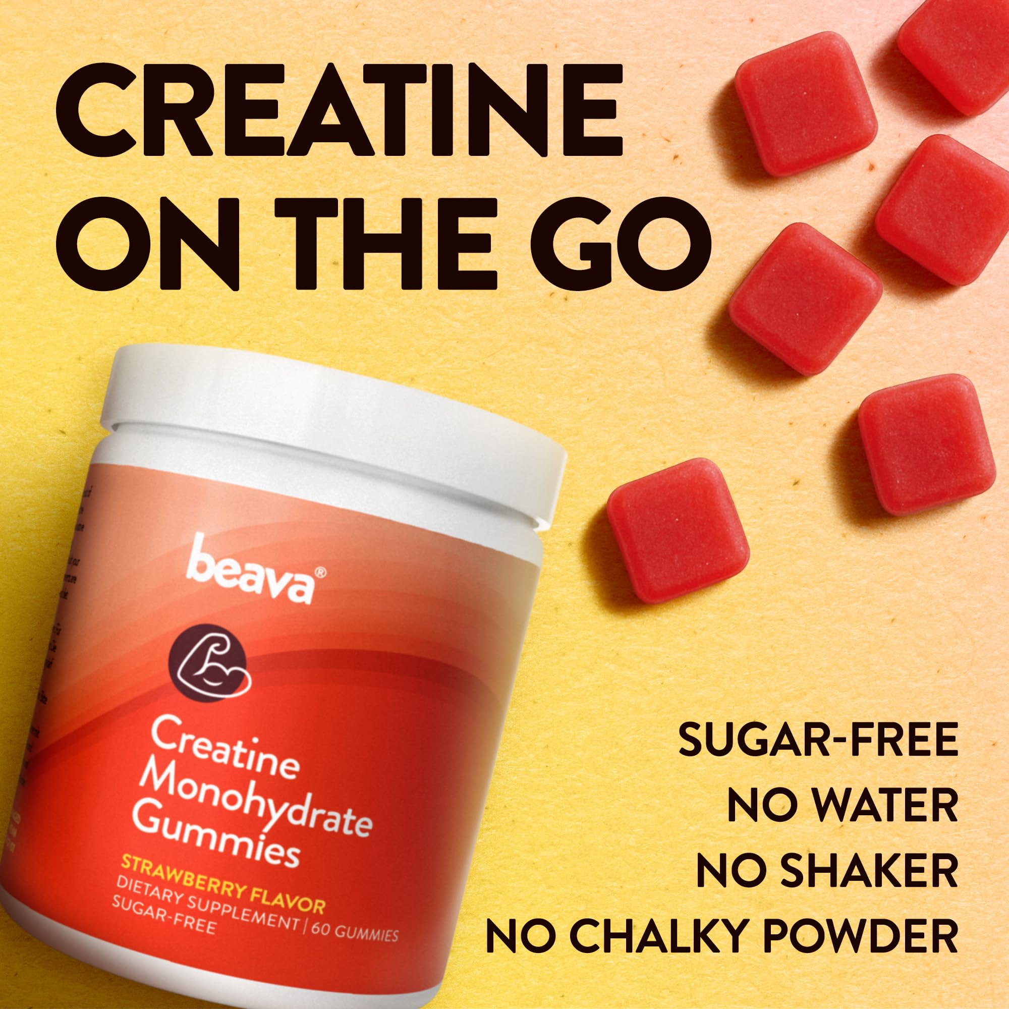 Beava Creatine Monohydrate Gummies close-up texture emphasizes chewable daily supplement.