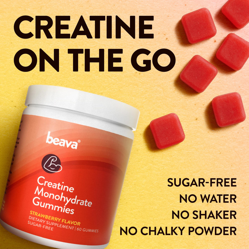 Beava Creatine Monohydrate Gummies close-up texture emphasizes chewable daily supplement.