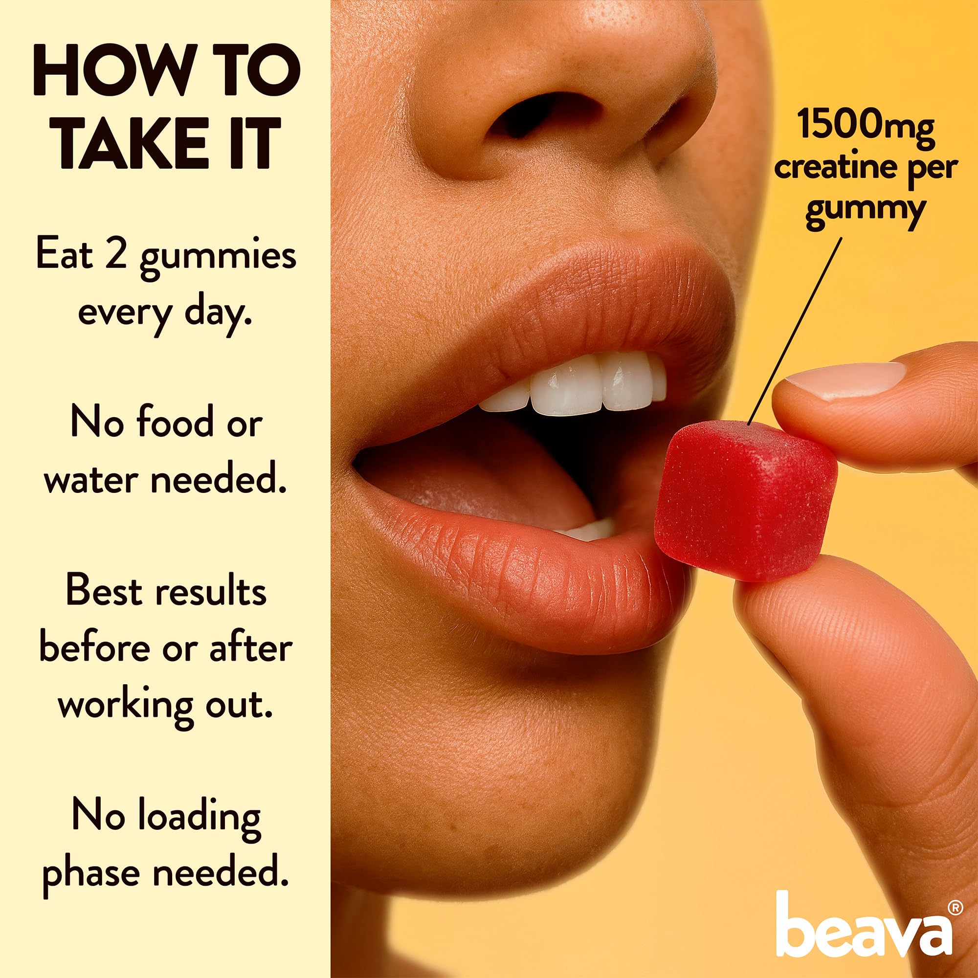 Beava Creatine Monohydrate Gummies two gummies per serving for simple dosing.