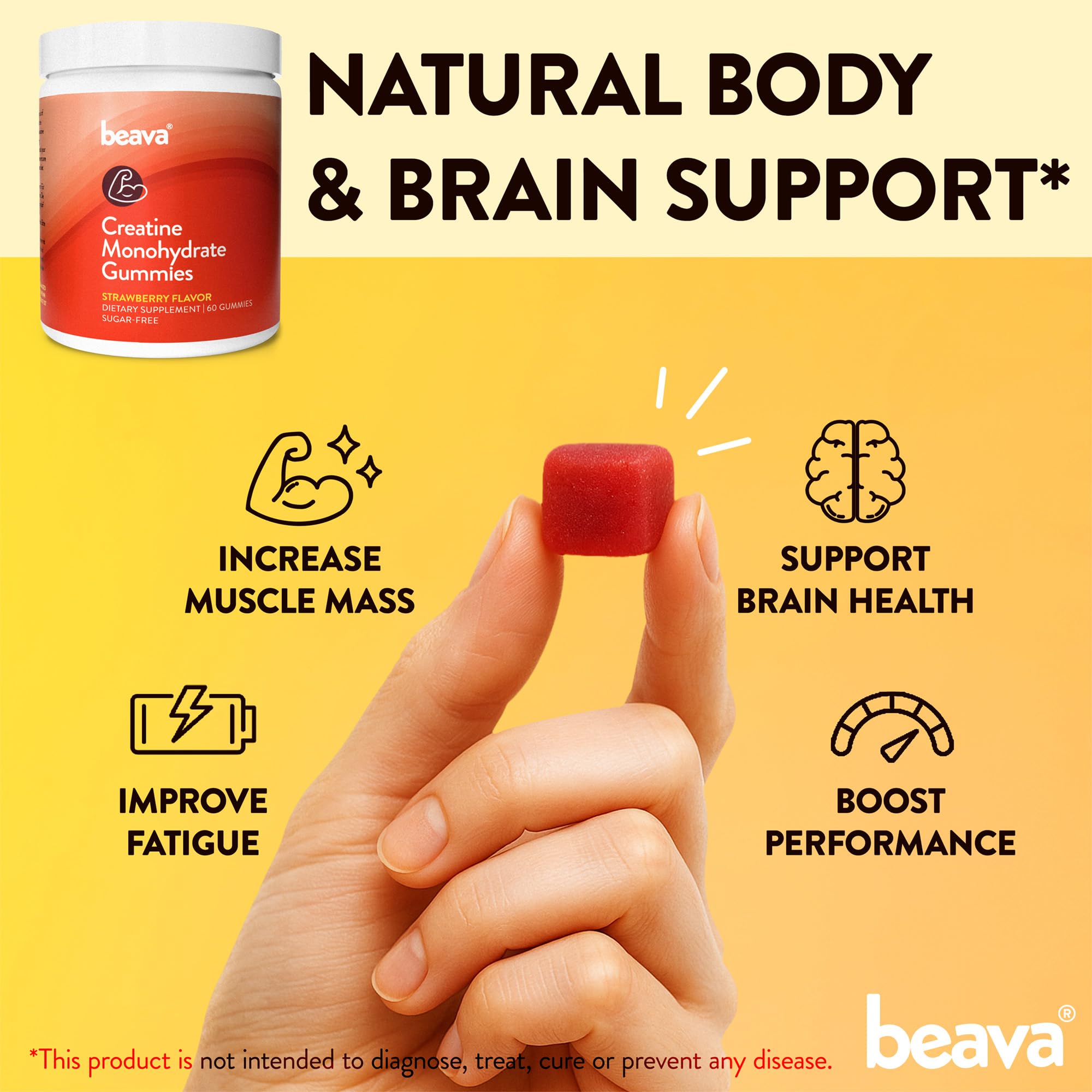 Beava Creatine Monohydrate Gummies vegan gluten-free icon on packaging.
