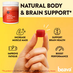 Beava Creatine Monohydrate Gummies vegan gluten-free icon on packaging.