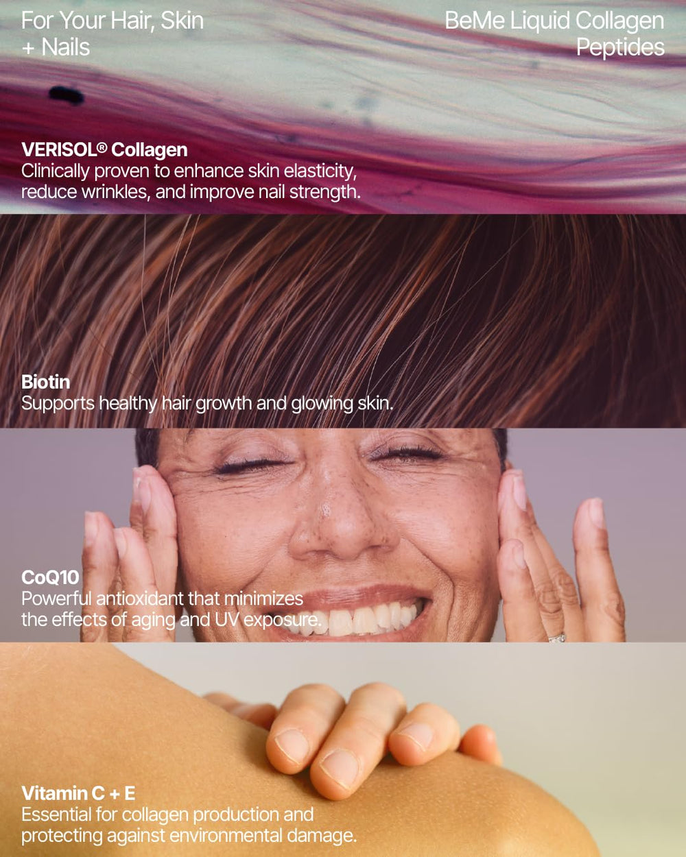Graphic of Biotin, CoQ10, Vitamin C and Astaxanthin ingredients
