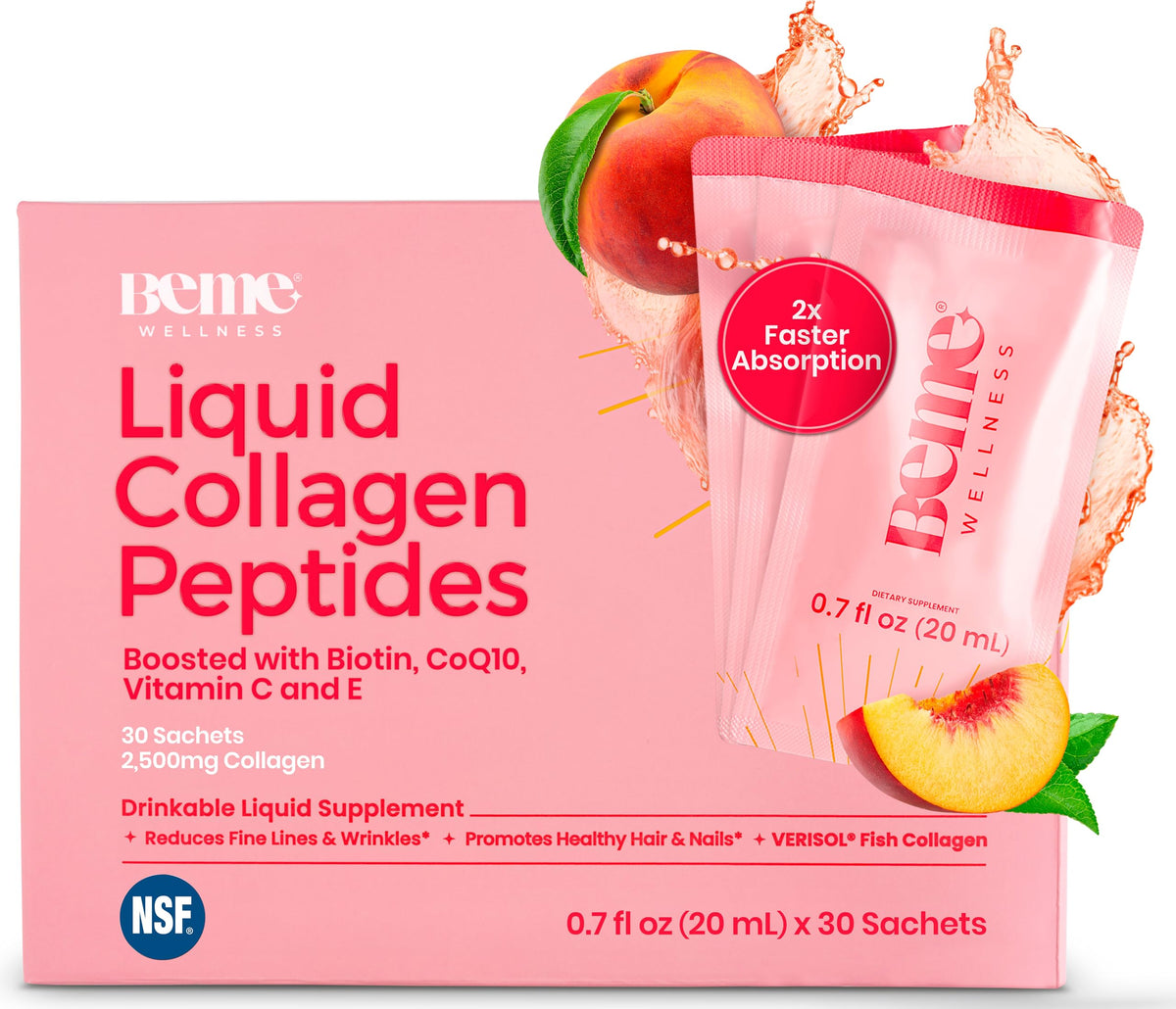 BeMe liquid collagen peach sachet packaging for travel-friendly daily beauty