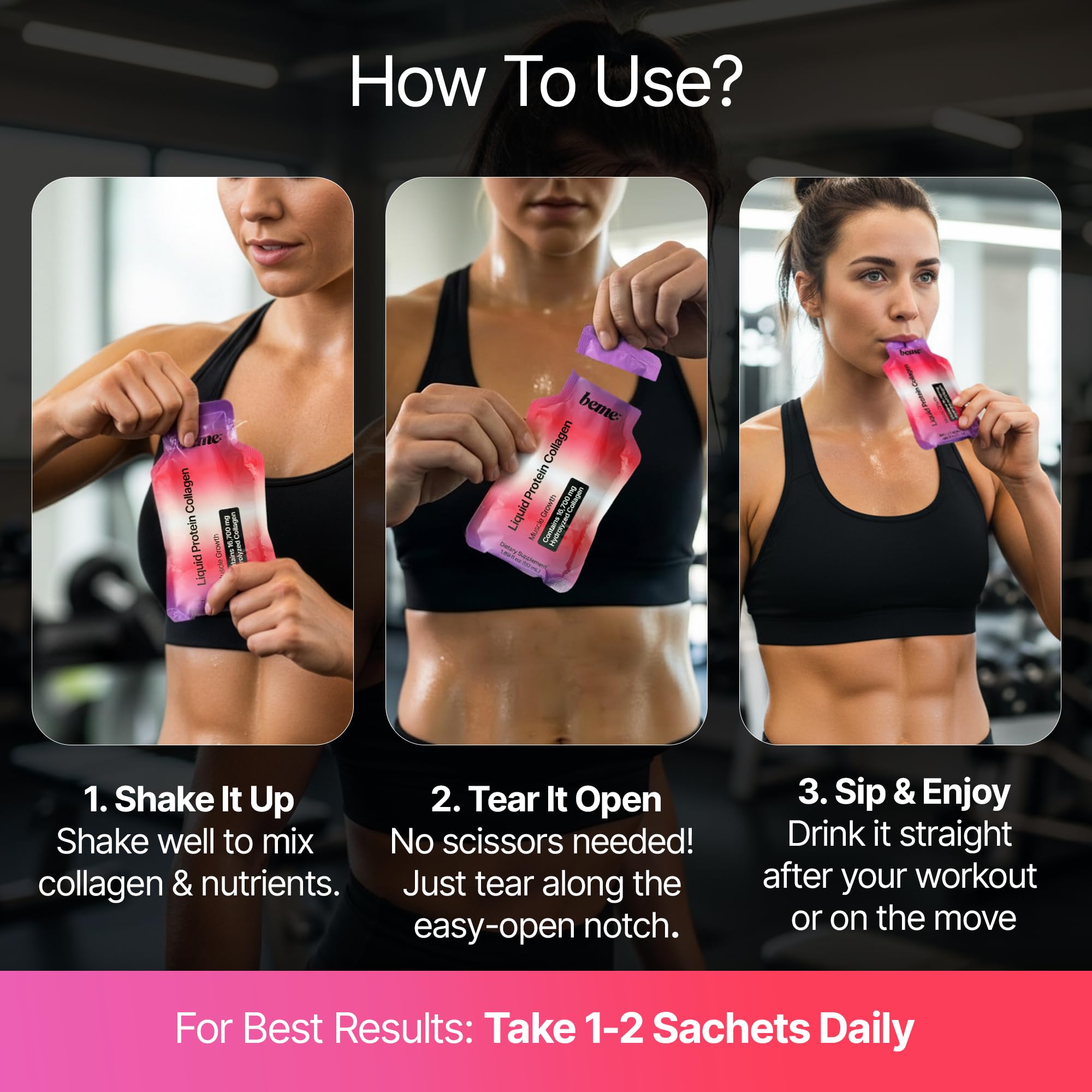 BeMe proteína líquida para recuperación tras ejercicio, facilidad de uso.