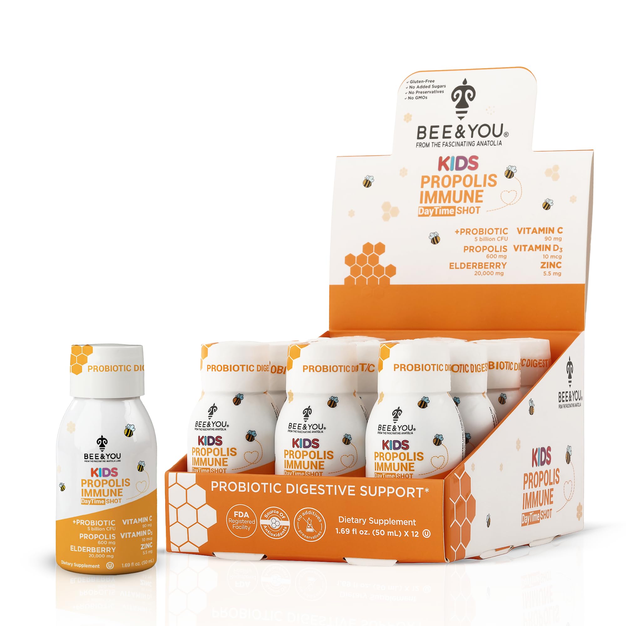 Bee & You Kids Propolis Immune Shot bottle front showing immune-support formulation