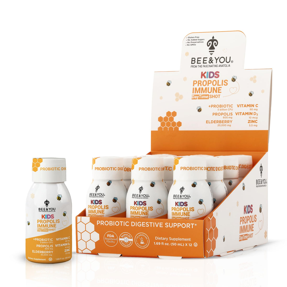 Bee & You Kids Propolis Immune Shot bottle front showing immune-support formulation